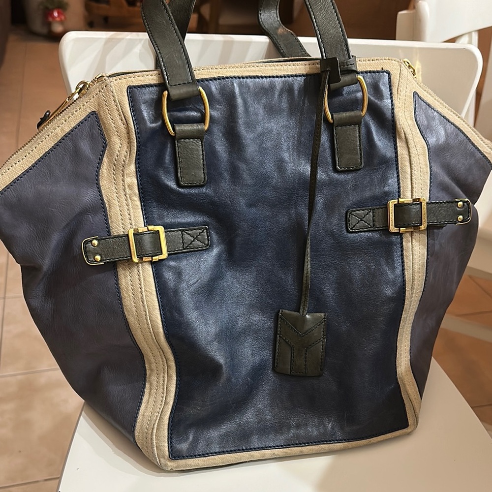 Yves saint Lauren Blue and Tan Denim Tote with Sturdy Handles